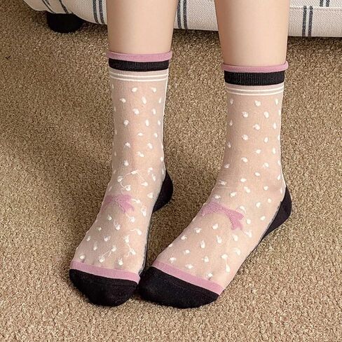 Women's Sheer Crystal Glass Socks, Transparent Polka Dot Ruffle Frilly Crew Socks for Summer - 5 Pairs in Kuwait