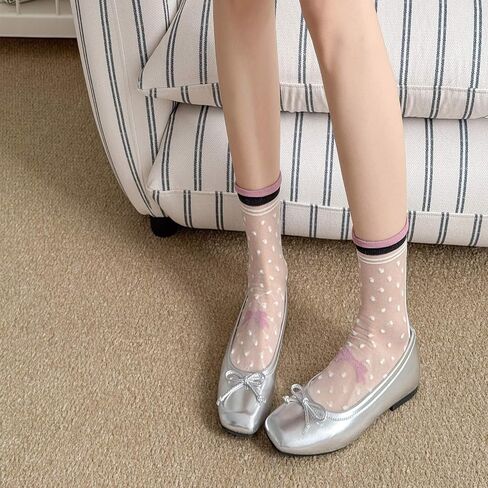 Women's Sheer Crystal Glass Socks, Transparent Polka Dot Ruffle Frilly Crew Socks for Summer - 5 Pairs in Kuwait