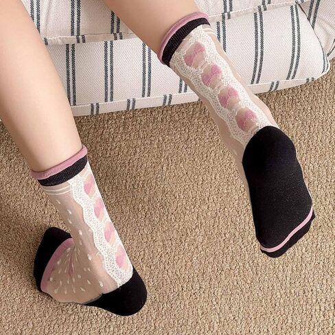 Women's Sheer Crystal Glass Socks, Transparent Polka Dot Ruffle Frilly Crew Socks for Summer - 5 Pairs in Kuwait