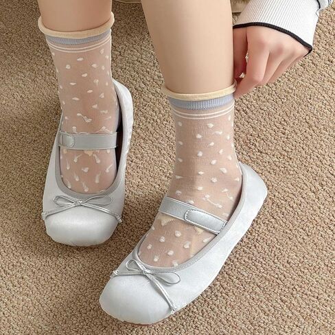 Women's Sheer Crystal Glass Socks, Transparent Polka Dot Ruffle Frilly Crew Socks for Summer - 5 Pairs in Kuwait