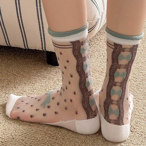 Women's Sheer Crystal Glass Socks, Transparent Polka Dot Ruffle Frilly Crew Socks for Summer - 5 Pairs in Kuwait