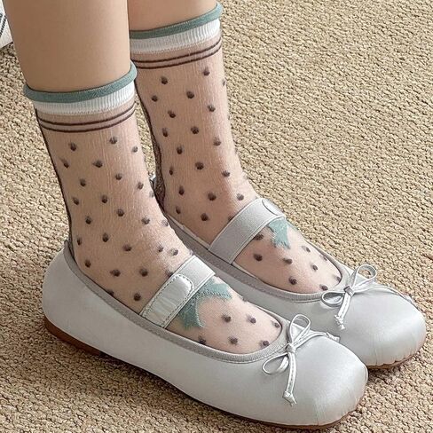 Women's Sheer Crystal Glass Socks, Transparent Polka Dot Ruffle Frilly Crew Socks for Summer - 5 Pairs in Kuwait