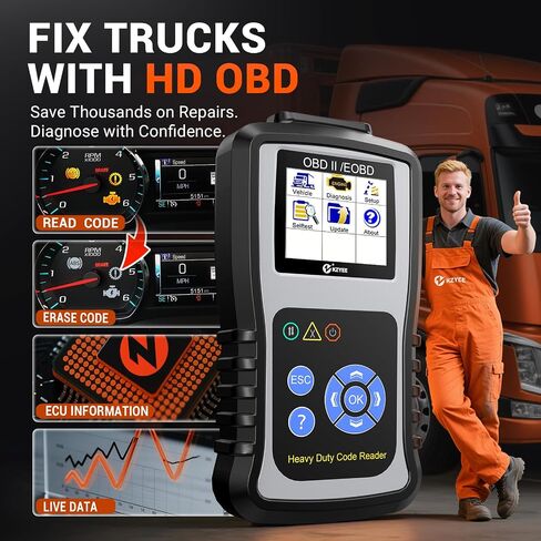 KZYEE KC601 Heavy Duty Truck Scanner – Full System Diesel Code Reader for CAT, Cummins, Freightliner & More, Supports J1939/J1708/J1587, Read/Clear Codes, Live Data, Free Updates, Bonus Bag in Kuwait