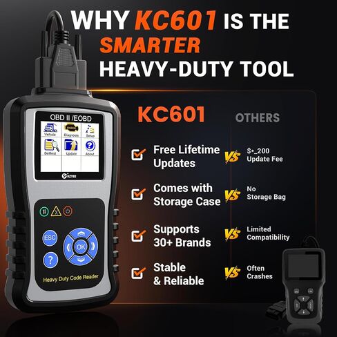 KZYEE KC601 Heavy Duty Truck Scanner – Full System Diesel Code Reader for CAT, Cummins, Freightliner & More, Supports J1939/J1708/J1587, Read/Clear Codes, Live Data, Free Updates, Bonus Bag in Kuwait