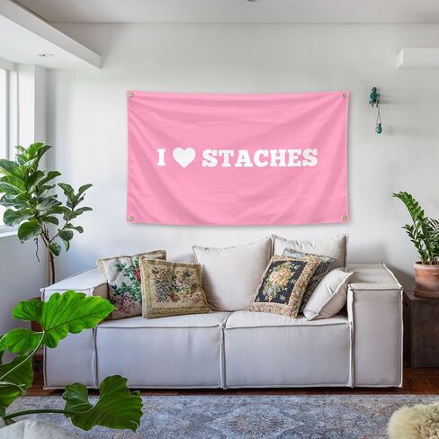 نسيج I Heart Staches مقاس 3 × 5 أقدام نسيج داخلي وخارجي مع حلقات نحاسية لغرفة الأولاد والبنات، مسكن جامعي، غرف نوم، غرف معيشة، ديكور للحفلات in Kuwait