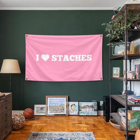 نسيج I Heart Staches مقاس 3 × 5 أقدام نسيج داخلي وخارجي مع حلقات نحاسية لغرفة الأولاد والبنات، مسكن جامعي، غرف نوم، غرف معيشة، ديكور للحفلات in Kuwait