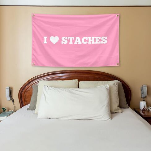 نسيج I Heart Staches مقاس 3 × 5 أقدام نسيج داخلي وخارجي مع حلقات نحاسية لغرفة الأولاد والبنات، مسكن جامعي، غرف نوم، غرف معيشة، ديكور للحفلات in Kuwait