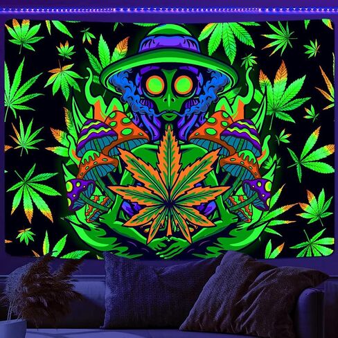 Xiaoput Blacklight Weed Tapestry for Bedroom, UV Reactive Black Light Cool Alien Posters for Adults, Marijuana Glow in the Dark Trippy Tapestry for Men Men Room Bedroom Gaming Decor 60X40IN in Kuwait