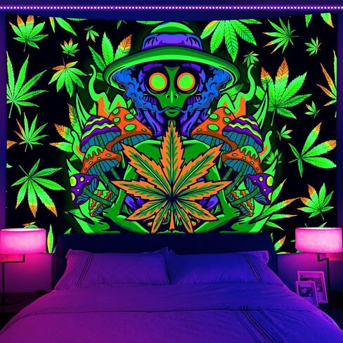 Xiaoput Blacklight Weed Tapestry for Bedroom, UV Reactive Black Light Cool Alien Posters for Adults, Marijuana Glow in the Dark Trippy Tapestry for Men Men Room Bedroom Gaming Decor 60X40IN in Kuwait