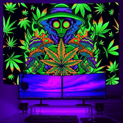 Xiaoput Blacklight Weed Tapestry for Bedroom, UV Reactive Black Light Cool Alien Posters for Adults, Marijuana Glow in the Dark Trippy Tapestry for Men Men Room Bedroom Gaming Decor 60X40IN in Kuwait