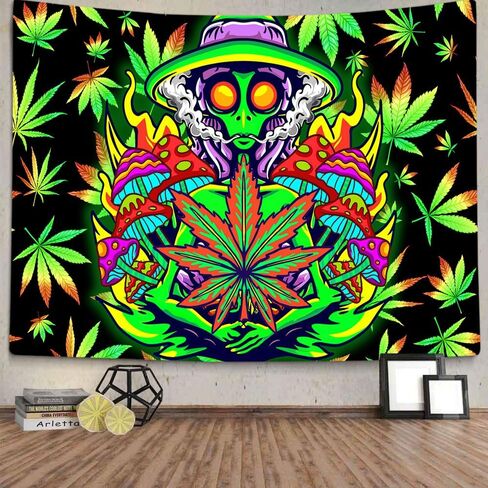 Xiaoput Blacklight Weed Tapestry for Bedroom, UV Reactive Black Light Cool Alien Posters for Adults, Marijuana Glow in the Dark Trippy Tapestry for Men Men Room Bedroom Gaming Decor 60X40IN in Kuwait