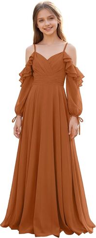 Junior Bridesmaid Dresses Chiffon Spaghetti Straps Flower Girl Dress Long Sleeve Pageant First Communion Dress in Kuwait