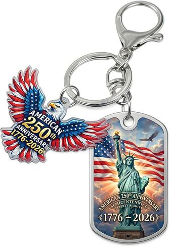 American 250th Anniversary Keychain, Acrylic Eagle Charm and Metal Dog Tag, Red White Blue, Patriotic Semiquincentennial 1776-2026, 2-Piece Set in Saudi Arabia