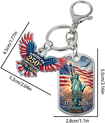 American 250th Anniversary Keychain, Acrylic Eagle Charm and Metal Dog Tag, Red White Blue, Patriotic Semiquincentennial 1776-2026, 2-Piece Set in Saudi Arabia