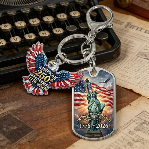 American 250th Anniversary Keychain, Acrylic Eagle Charm and Metal Dog Tag, Red White Blue, Patriotic Semiquincentennial 1776-2026, 2-Piece Set in Saudi Arabia