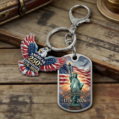 American 250th Anniversary Keychain, Acrylic Eagle Charm and Metal Dog Tag, Red White Blue, Patriotic Semiquincentennial 1776-2026, 2-Piece Set in Saudi Arabia