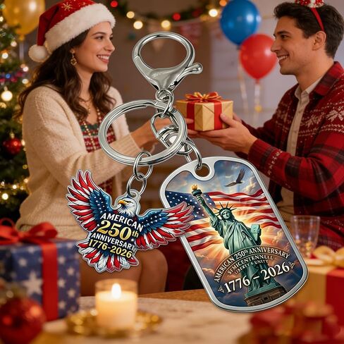 American 250th Anniversary Keychain, Acrylic Eagle Charm and Metal Dog Tag, Red White Blue, Patriotic Semiquincentennial 1776-2026, 2-Piece Set in Saudi Arabia