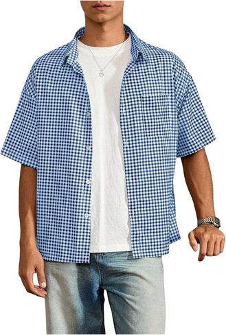 GORGLITTER Men's Plaid Button Up Crop Top Shirt Gingham Short Sleeve Tee Shirts in Kuwait