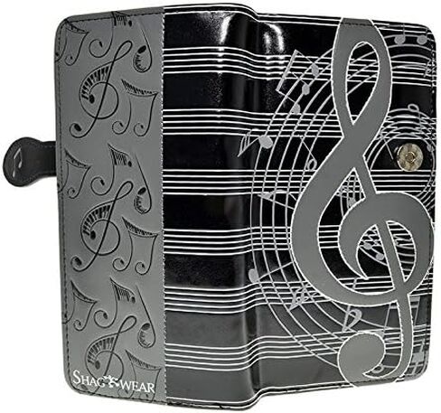 Shag Wear Musical Note Large Wallet Vegan Faux Leather Music Design Clutch with Card Slots Bill Compartments ID Window Zippered Coin Pocket 7" Black and Grey in Kuwait