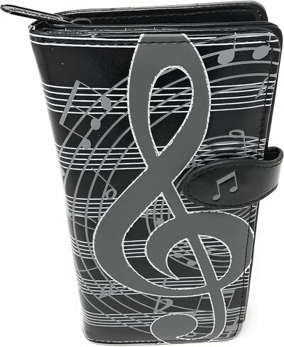 Shag Wear Musical Note Large Wallet Vegan Faux Leather Music Design Clutch with Card Slots Bill Compartments ID Window Zippered Coin Pocket 7" Black and Grey in Kuwait