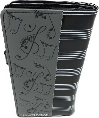 Shag Wear Musical Note Large Wallet Vegan Faux Leather Music Design Clutch with Card Slots Bill Compartments ID Window Zippered Coin Pocket 7" Black and Grey in Kuwait