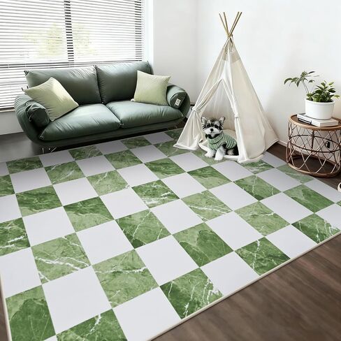 Yinhua 5x7 Area Rugs for Living Room, Neutral Washable Checkered Rugs for Bedroom, Modern Classic Geometric Area Rug Soft Non Slip Large Throw Carpet Green Marble Rug for Nursery Kids Room Playroom in Saudi Arabia
