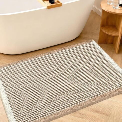 Upgraded Waffle Bath Mat, 24"x17" Brown & Cream, Super Absorbent Non-Slip Quick Dry Bathroom Rugs with Tassels, Machine Washable Ultra Soft Boho Bath Rugs for Floor, Toilet Mats Boho Farmhouse Decor in Saudi Arabia