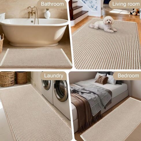 Upgraded Waffle Bath Mat, 24"x17" Brown & Cream, Super Absorbent Non-Slip Quick Dry Bathroom Rugs with Tassels, Machine Washable Ultra Soft Boho Bath Rugs for Floor, Toilet Mats Boho Farmhouse Decor in Saudi Arabia