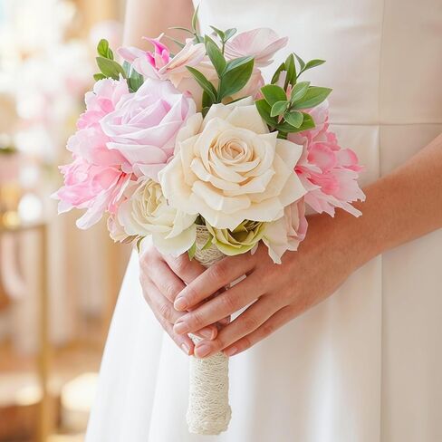 Laelfe Wedding Bouquets for Bride Bridesmaid 8.5 Inch Pink Champagne Artificial Flowers Bridal Bouquets for Bride Wedding Marriage Ceremony Anniversary Church Decoration in Saudi Arabia