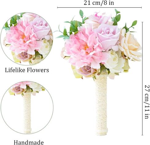 Laelfe Wedding Bouquets for Bride Bridesmaid 8.5 Inch Pink Champagne Artificial Flowers Bridal Bouquets for Bride Wedding Marriage Ceremony Anniversary Church Decoration in Saudi Arabia