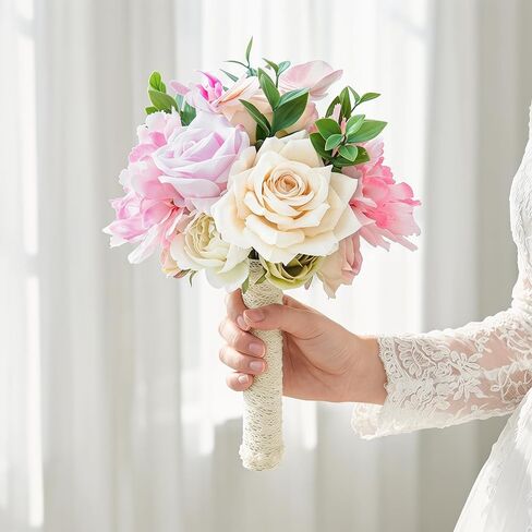 Laelfe Wedding Bouquets for Bride Bridesmaid 8.5 Inch Pink Champagne Artificial Flowers Bridal Bouquets for Bride Wedding Marriage Ceremony Anniversary Church Decoration in Saudi Arabia