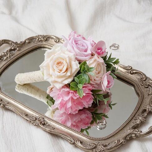 Laelfe Wedding Bouquets for Bride Bridesmaid 8.5 Inch Pink Champagne Artificial Flowers Bridal Bouquets for Bride Wedding Marriage Ceremony Anniversary Church Decoration in Saudi Arabia