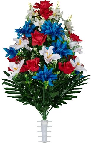 Sympathy Silks Artificial Cemetery Flowers - Gravesite Flowers - Red Roses with White Orchids and Blue Dahlias - (1) Bouquet in Saudi Arabia
