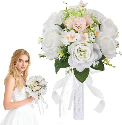Wedding Bouquet for Bride – 8 Inch Artificial Silk Roses, Realistic Bridal & Bridesmaid Bouquet for Ceremony, Church, Anniversary, and Home Décor (White) in Saudi Arabia