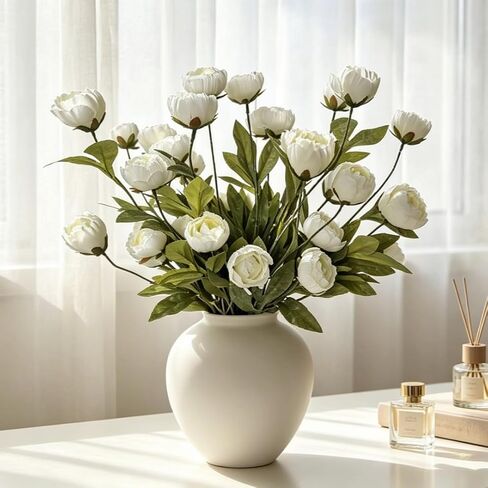 6 pcs 27'' Peonies Artificial Flowers, Realistic White Silk Peonies with Green Leaves, Fake Peony Stems for Vase,Wedding, Home, Party Decor, Faux Peony Flowers for Vase. in Saudi Arabia