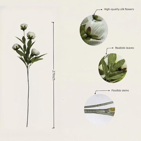 6 pcs 27'' Peonies Artificial Flowers, Realistic White Silk Peonies with Green Leaves, Fake Peony Stems for Vase,Wedding, Home, Party Decor, Faux Peony Flowers for Vase. in Saudi Arabia