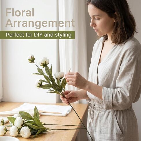 6 pcs 27'' Peonies Artificial Flowers, Realistic White Silk Peonies with Green Leaves, Fake Peony Stems for Vase,Wedding, Home, Party Decor, Faux Peony Flowers for Vase. in Saudi Arabia