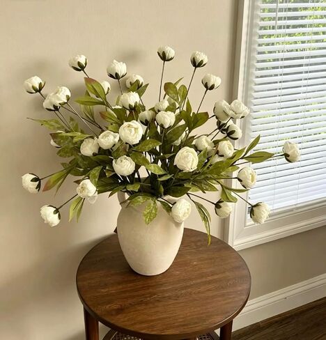 6 pcs 27'' Peonies Artificial Flowers, Realistic White Silk Peonies with Green Leaves, Fake Peony Stems for Vase,Wedding, Home, Party Decor, Faux Peony Flowers for Vase. in Saudi Arabia