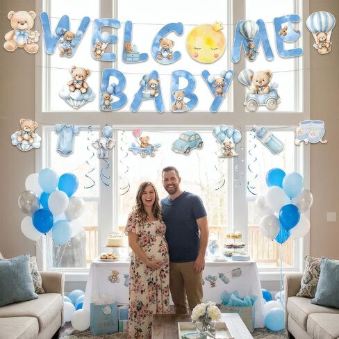 Welcome Baby Banner, Blue Bear Sign for Baby Boy Shower Decorations in Saudi Arabia