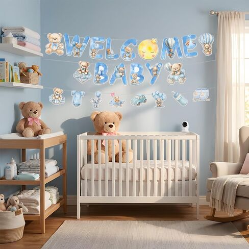 Welcome Baby Banner, Blue Bear Sign for Baby Boy Shower Decorations in Saudi Arabia