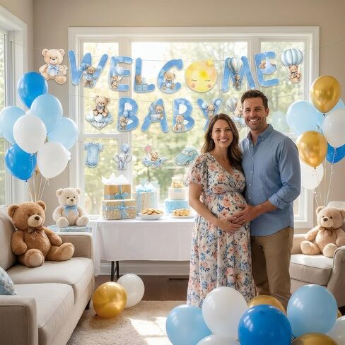 Welcome Baby Banner, Blue Bear Sign for Baby Boy Shower Decorations in Saudi Arabia