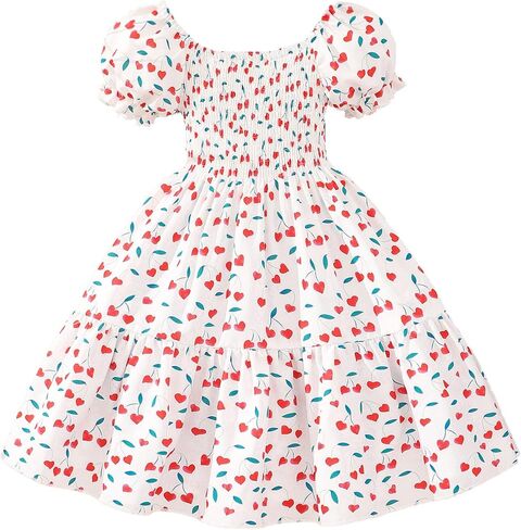 Girls Summer Dress Kids Puff Sleeve Square Neck Smocked Dresses Flowy Midi Sundress 2-12 Years in Saudi Arabia