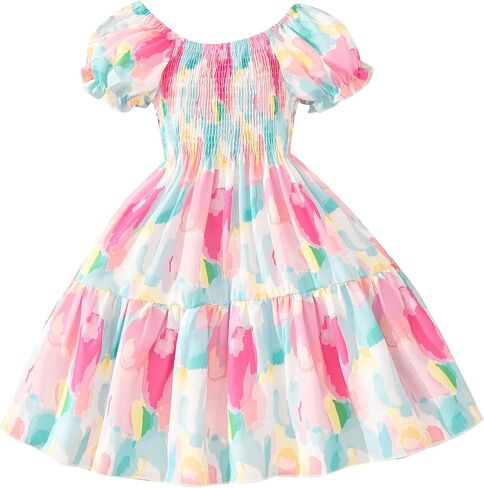 Girls Summer Dress Kids Puff Sleeve Square Neck Smocked Dresses Flowy Midi Sundress 2-12 Years in Saudi Arabia