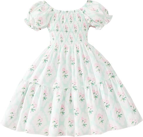 Girls Summer Dress Kids Puff Sleeve Square Neck Smocked Dresses Flowy Midi Sundress 2-12 Years in Saudi Arabia