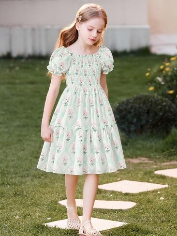 Girls Summer Dress Kids Puff Sleeve Square Neck Smocked Dresses Flowy Midi Sundress 2-12 Years in Saudi Arabia