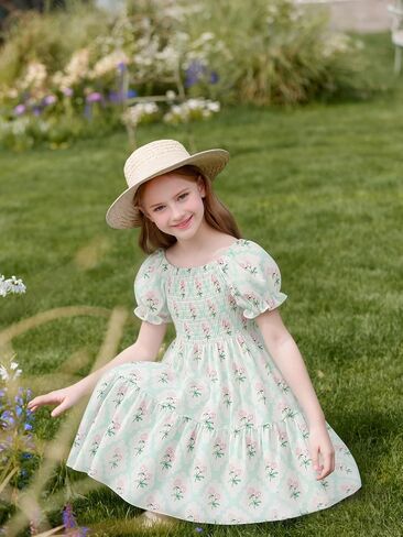 Girls Summer Dress Kids Puff Sleeve Square Neck Smocked Dresses Flowy Midi Sundress 2-12 Years in Saudi Arabia