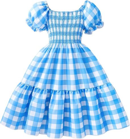 Girls Summer Dress Kids Puff Sleeve Square Neck Smocked Dresses Flowy Midi Sundress 2-12 Years in Saudi Arabia