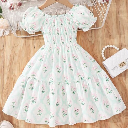Girls Summer Dress Kids Puff Sleeve Square Neck Smocked Dresses Flowy Midi Sundress 2-12 Years in Saudi Arabia