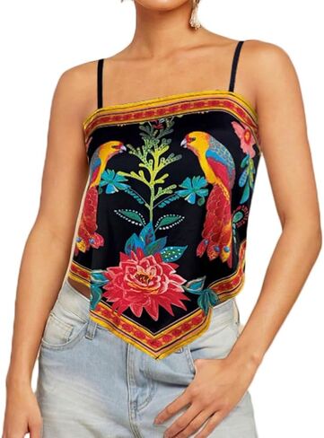 Women Vintage Spaghetti Strap Floral Print Crop Tank Top Casual Sleeveless Backless Asymmetrical Hem Bandana Cami in Saudi Arabia