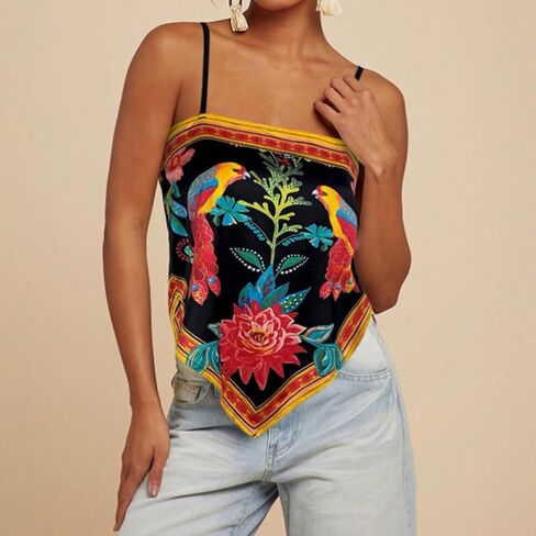 Women Vintage Spaghetti Strap Floral Print Crop Tank Top Casual Sleeveless Backless Asymmetrical Hem Bandana Cami in Saudi Arabia